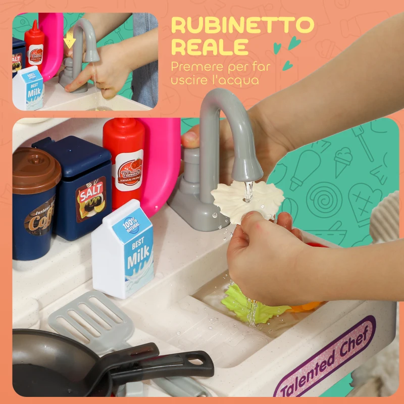 AIYAPLAY Cucina Giocattolo per Bambini 3-6 Anni con 104 Accessori, in PP, PE e ABS, 52.5x22x100 cm, Rosa