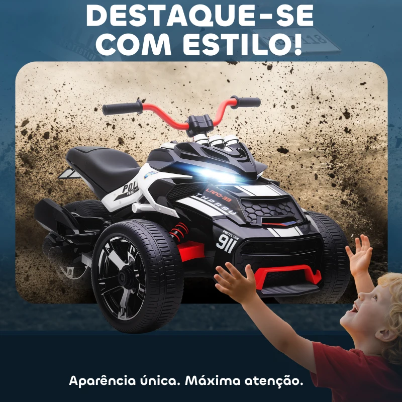 AIYAPLAY Quadricilo Elétrico para Crianças 12V com 2 Motores Velocidade até 5 km/h 3 Rodas Faróis Buzina Música 113x74x63 cm Preto e Branco