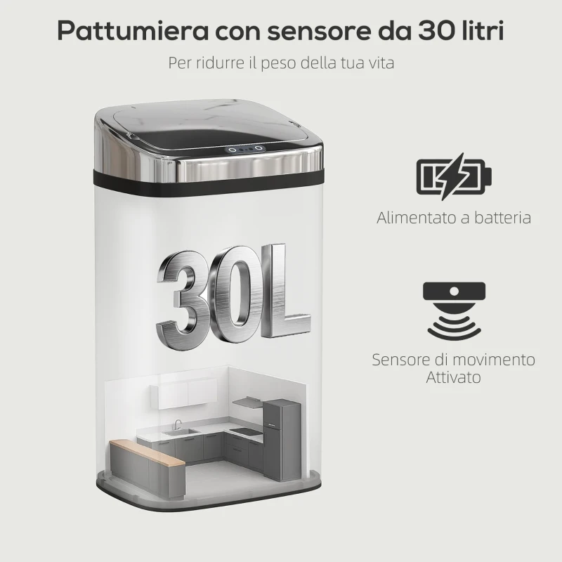 HOMCOM Bidone per Rifiuti da 30L con Sensore per Apertura e Chiusura Automatica, 33x25x57.5 cm, Argento
