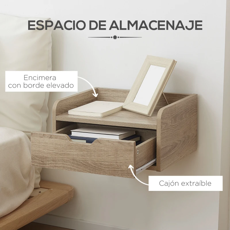 HOMCOM Set de 2 Mesitas de Noche de Pared Mesillas Flotantes con 1 Cajón para Dormitorio Habitación 40x30x19,5 cm Natural