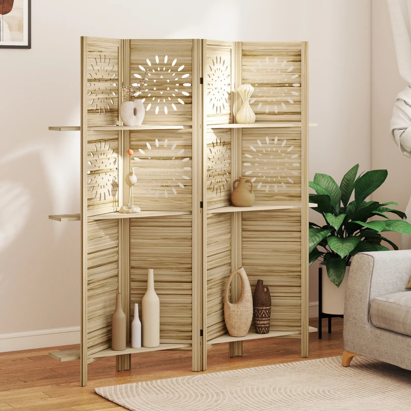 HOMCOM Paravent intérieur 4 panneaux et 3 étagères, 160 x 170 cm, séparateur de pièce pliable, bois de paulownia, bois naturel