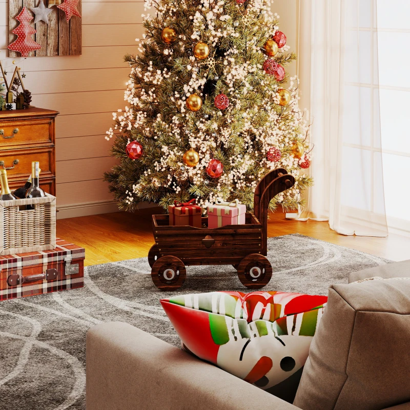 Outsunny Carretilla de Madera Decorativa Jardinera Elevada con 4 Ruedas Asa Orificios de Drenaje 68x38x52 cm Carbonizado