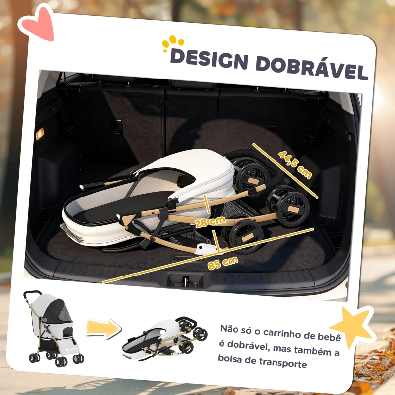 PawHut Carrinho para Animais de Estimação com Capota Ajustável e Cesta de Armazenamento 80x44,5x97 cm Cinzento Claro