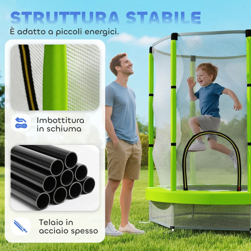 AIYAPLAY Trampolino Elastico per Bambini Ø140 cm con Rete di Sicurezza e Disegni, Età 3-6 Anni, Verde
