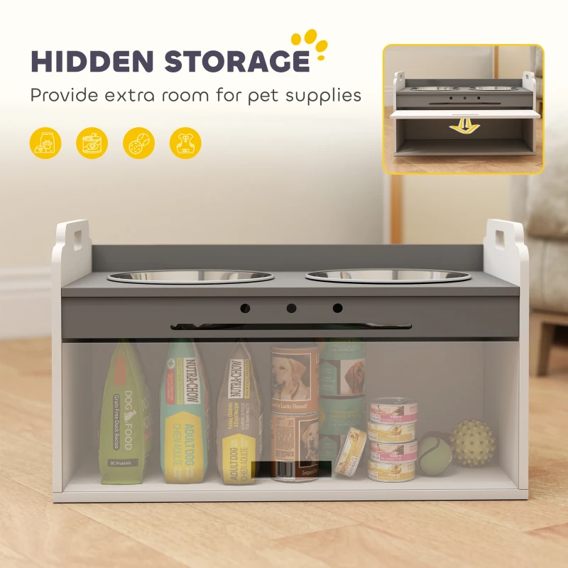 PawHut Podwyższana miska z szafką do przechowywania, 2 miski z pierścieniami antypoślizgowymi, 60 x 30 x 35,5 cm, Biały