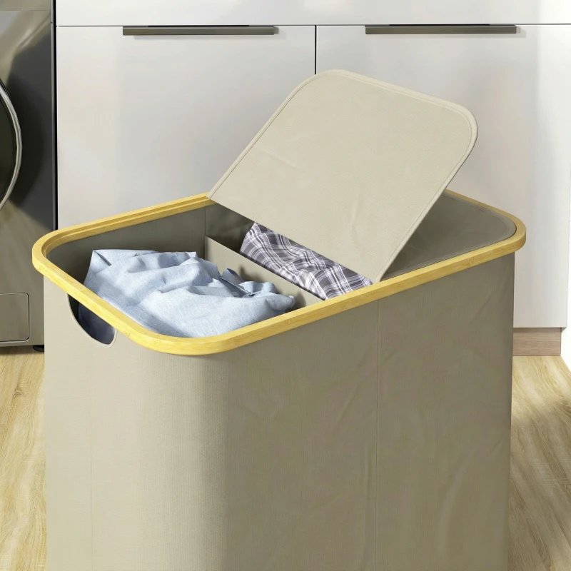HOMCOM Cesto porta biancheria doppio pieghevole 80 L, con coperchio, maniglie scanalate, beige