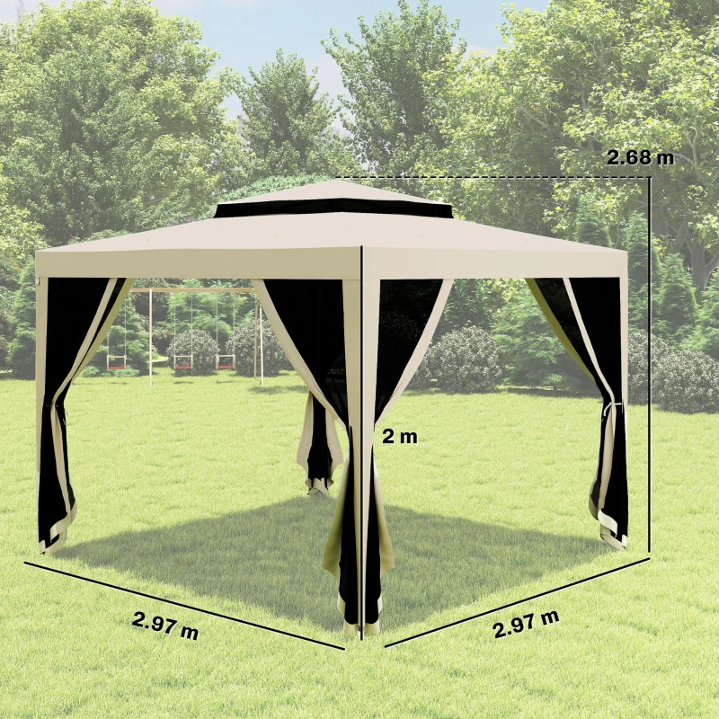 Outsunny 3 x 3 m Gazebo, Netting Party Tent, Patio Canopy Outdoor Event Shelter with Double Tier Roof, Beige