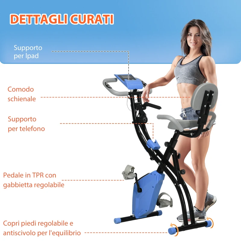 HOMCOM Cyclette Pieghevole con Resistenza Magnetica 8 Livelli, Sensore di Frequenza Cardiaca, Volano 2.5kg, Azzurro