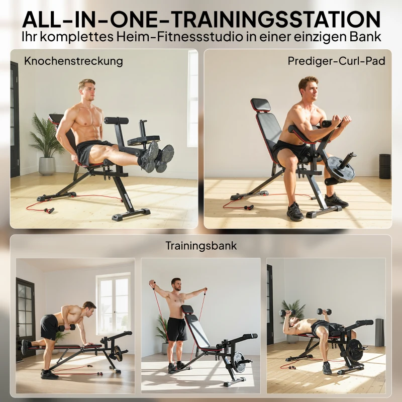 SPORTNOW Hantelbank verstellbar bis 300 kg 3 in 1 Trainingsbank mit Rollen Beinstrecker Curlpult Kopfstütze Widerstandsbändern