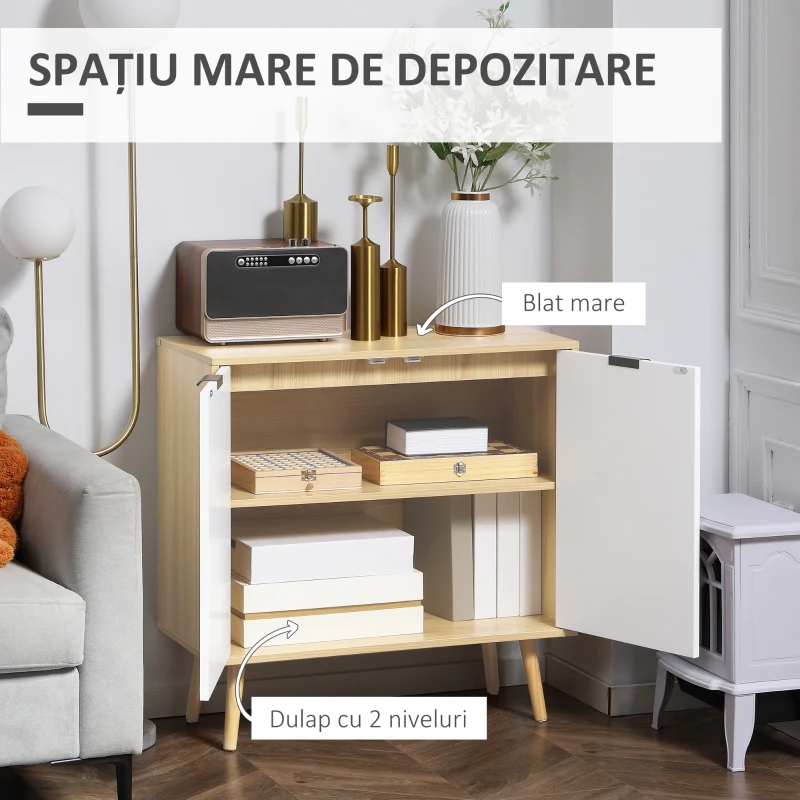 Homcom Dulap Modern Depozitare – Rafturi Reglabile, Alb & Lemn Natural