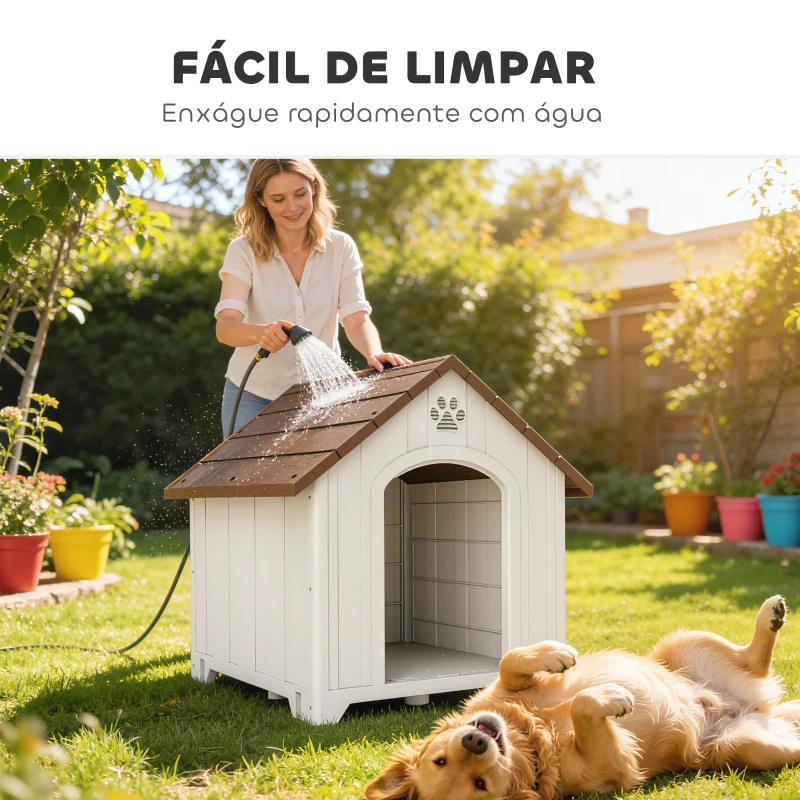 PawHut Casota para Cães de Exterior Casa para Cães Grandes de Plástico com 2 Janelas Base Elevada Estacas Castanho Escuro