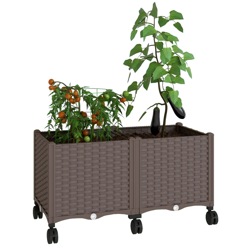 Outsunny Jardinière surélevée en plastique 85L, lit pour potager surélevé d'extérieur avec roues verrouillables, système d'auto-arrosage, orifices de drainage pour plantes grimpantes, légumes et fleurs, Marron