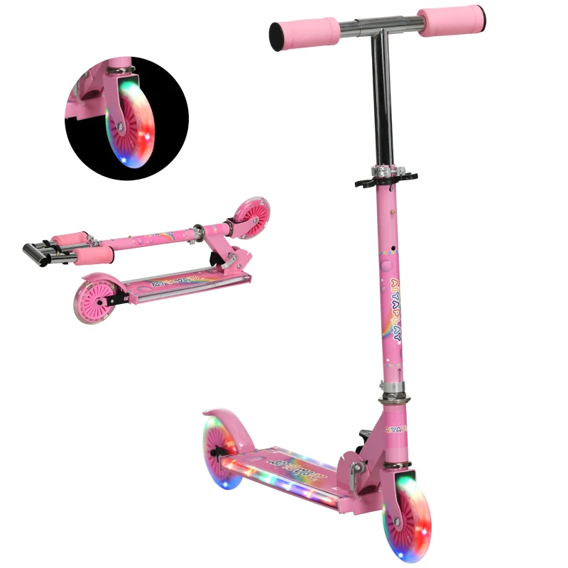 HOMCOM Trotinete para Crianças Dobrável com Luzes e Música 4 Alturas Ajustável Rodas Brilhantes e Pedal LED 67x32x65-78 cm Rosa