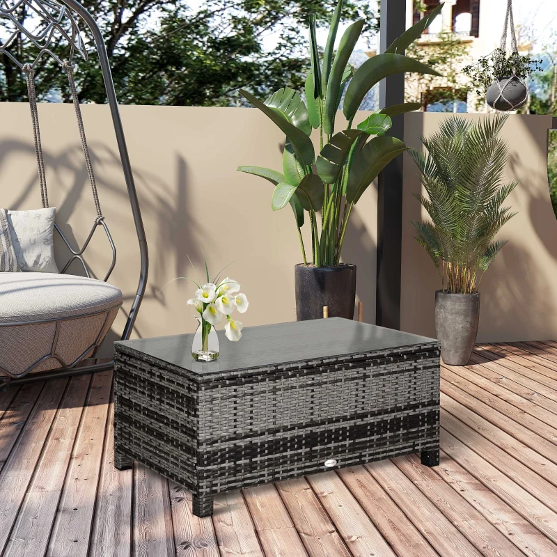 Outsunny Mesa de Jardim em Vime Sintético Mesa Auxiliar com Vidro Temperado para Terraço Pátio, Varanda 85x50x39 cm Cinzento