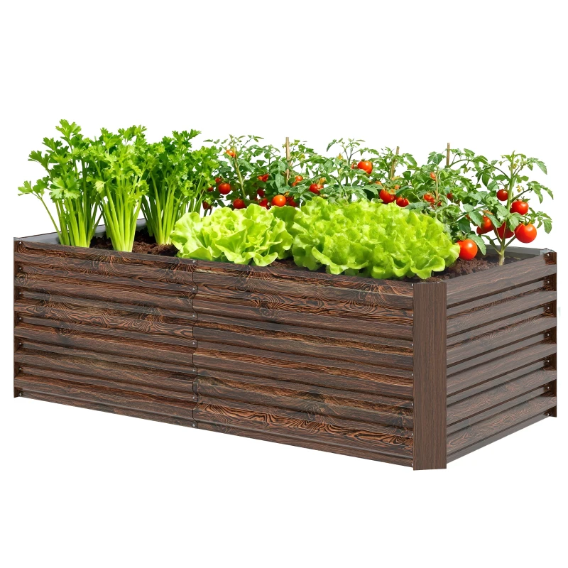 Outsunny Pat pentru Grădină Ridicat cu Fund Deschis și Bare de Suport, Ghiveci din Oțel Zincat pentru Flori și Legume, pentru Balcon sau Grădină, 180x90x57,5 cm, Maro Închis