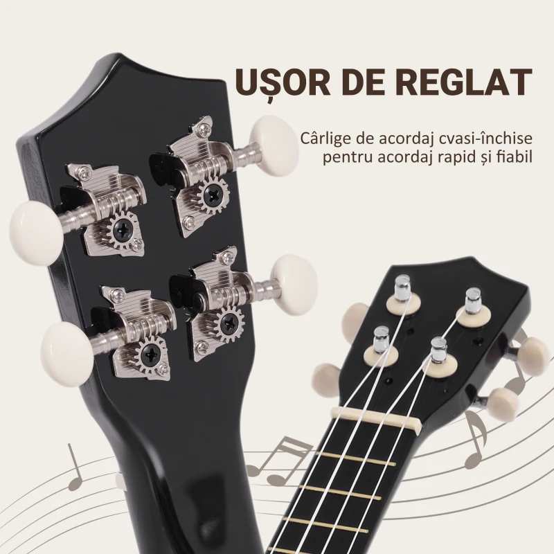 HOMCOM Ukulele Soprano de 21 Inchi pentru Începători, din Lemn cu Corzi din Nailon, Pană și Coardă de Rezervă, Negru