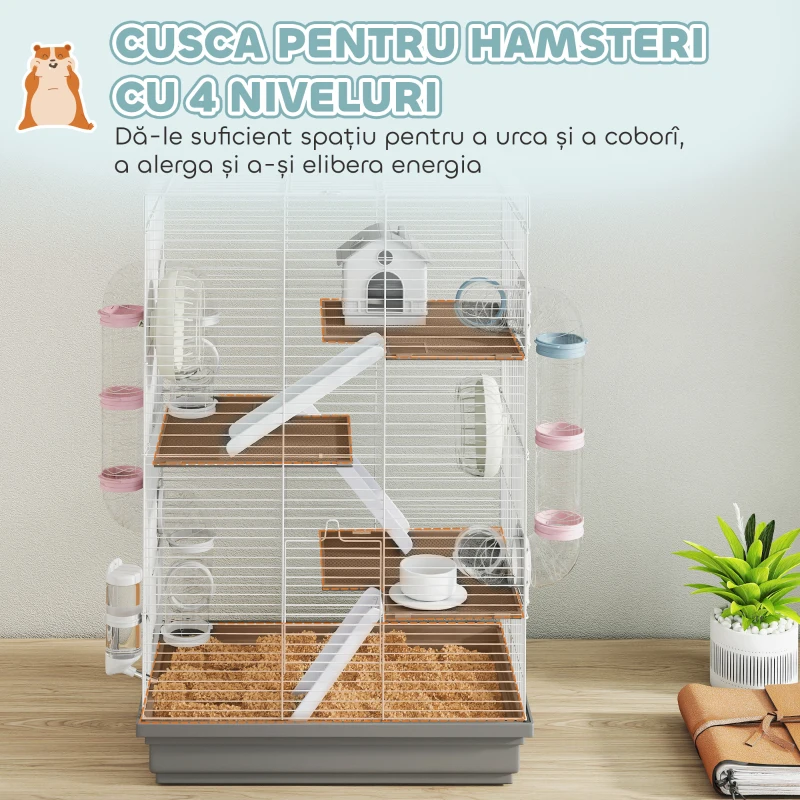 PawHut Cușcă pentru Hamsteri pe 4 Niveluri cu 16 Tuburi, Căsuță, Rampă, Boluri, Rezervor de Apă și Tăviță Antipicurare, Cușcă din Metal și Plastic, 47x30x70 cm, Gri