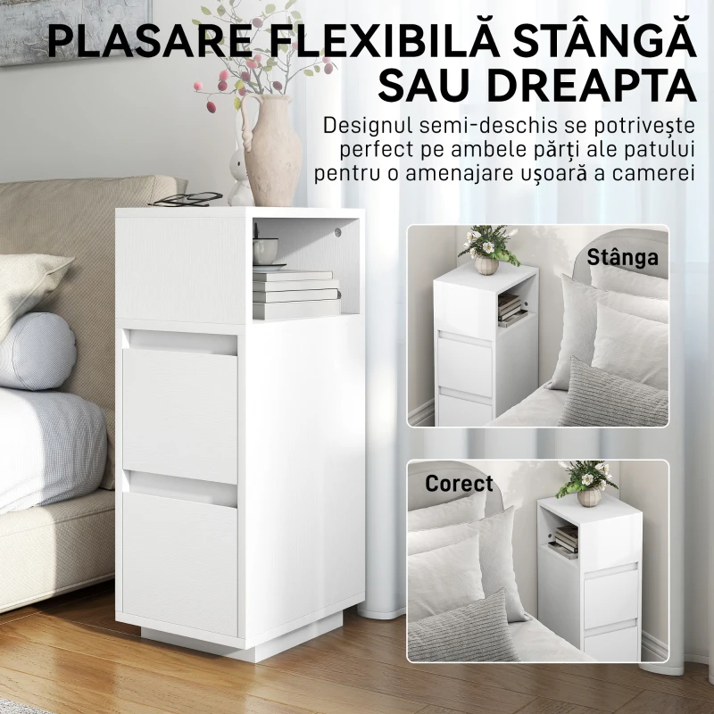 HOMCOM Set de 2 Noptiere Înalte și Subțiri pentru Dormitor cu 2 Sertare și Raft Deschis, Noptiere Moderne Economisitoare de Spațiu, Măsuțe pentru Divan, Sufragerie și Dormitor, 25x30x65 cm, Alb