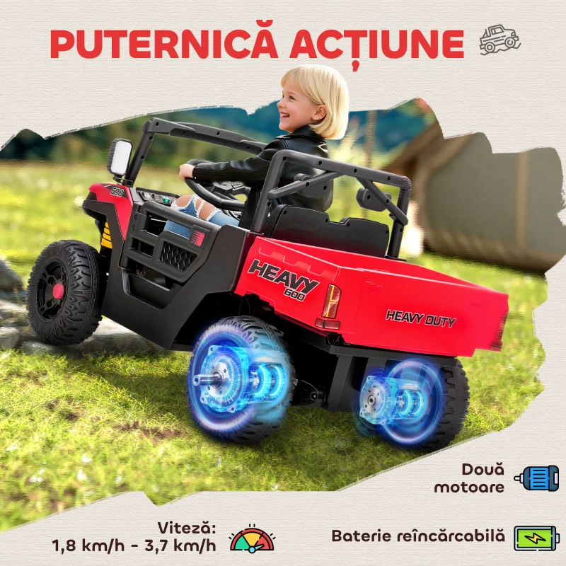 AIYAPLAY Mașină Electrică pentru Copii UTV 12V Off-road cu Portbagaj, 2 Motoare, Centură în 3 Puncte, Telecomandă, Suspensii, USB, Muzică, Lumini, 1.8-3.7 km/h, 3-8 Ani, Roșu