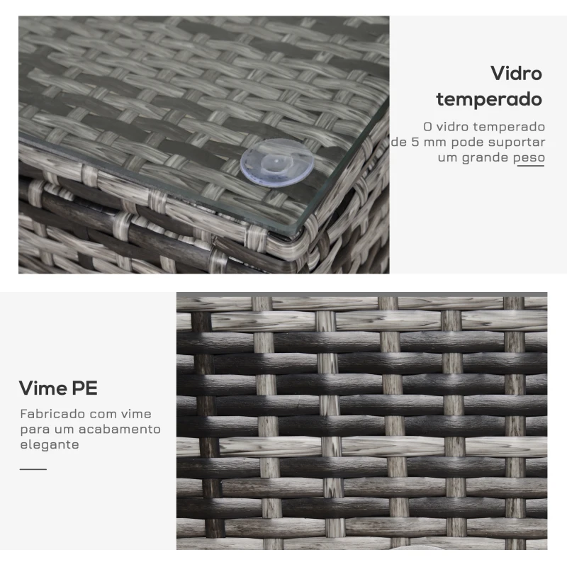 Outsunny Mesa de Jardim em Vime Sintético Mesa Auxiliar com Vidro Temperado para Terraço Pátio, Varanda 85x50x39 cm Cinzento