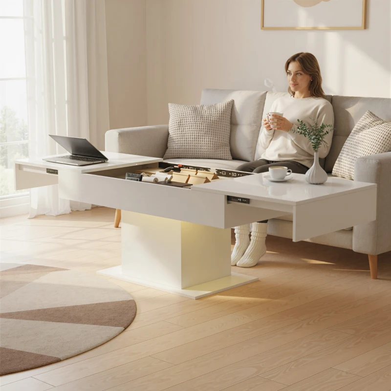 HOMCOM Extendable Coffee Table with LED Lights and Storage - High Gloss White