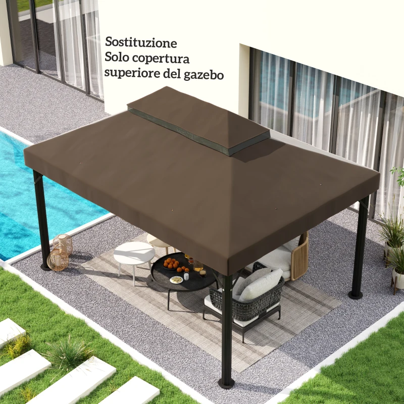 Outsunny Copertura per Gazebo da Giardino 3x4 m a 2 Livelli in Tessuto Oxford 600D con Fori di Drenaggio, Caffè