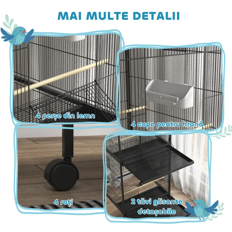 PawHut Volieră pentru Păsări cu Roți, Tăvi Detașabile din Plastic și Stinghii, Colivie pentru Canari din Metal, 168 cm, Negru