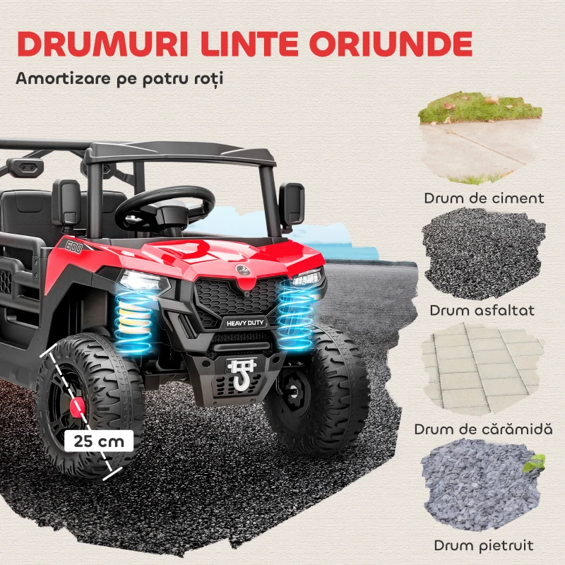AIYAPLAY Mașină Electrică pentru Copii UTV 12V Off-road cu Portbagaj, 2 Motoare, Centură în 3 Puncte, Telecomandă, Suspensii, USB, Muzică, Lumini, 1.8-3.7 km/h, 3-8 Ani, Roșu