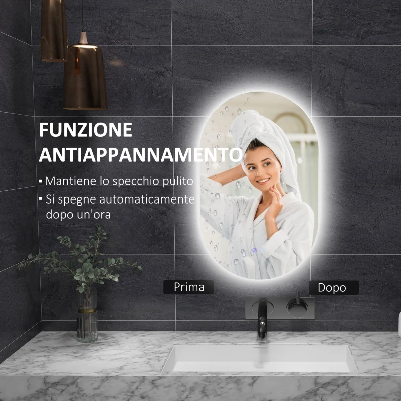 kleankin Specchio Bagno LED Antiappannamento con Luminosità Regolabile, in Vetro e Alluminio, 81x51x4.5 cm