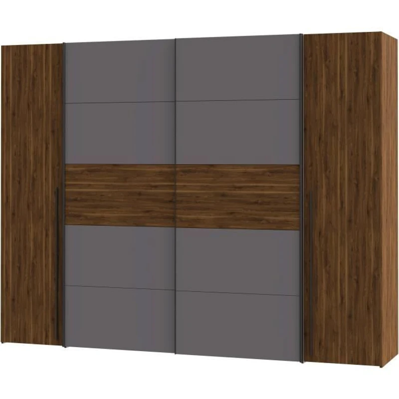 Armoire NARAGO - Décor Noyer Bakersfield et gris - 2 portes coulissantes + 2 portes battantes - L270 x P61 x H210 cm
