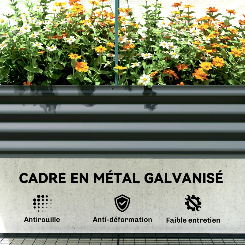 Outsunny Bazin de grădină pe picioare din metal cu seră, jardiniere ridicată cu căptușeală și poliță inferioară, Gri închis