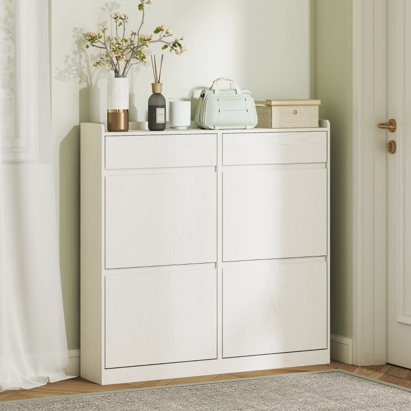 HOMCOM Zapatero Estrecho con 2 Cajones 4 Compartimentos Abatibles y Encimera 98x19,2x95,3 cm Blanco Veteado