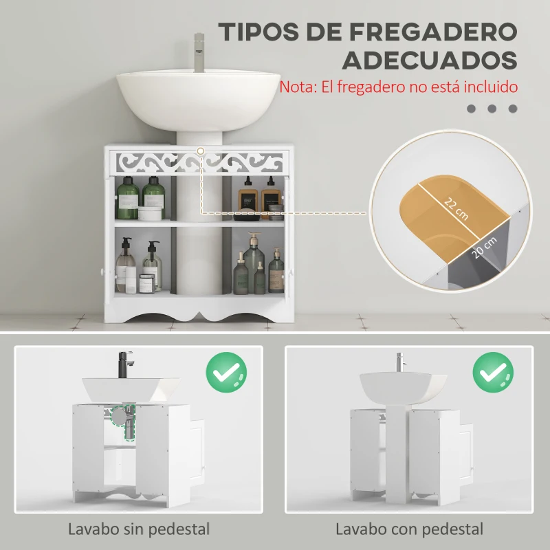 HOMCOM Armario de Baño tipo Mueble Bajo para Lavabo con 2 Puertas y Estantes 60x30x56cm Diseño Moderno de Madera Blanca