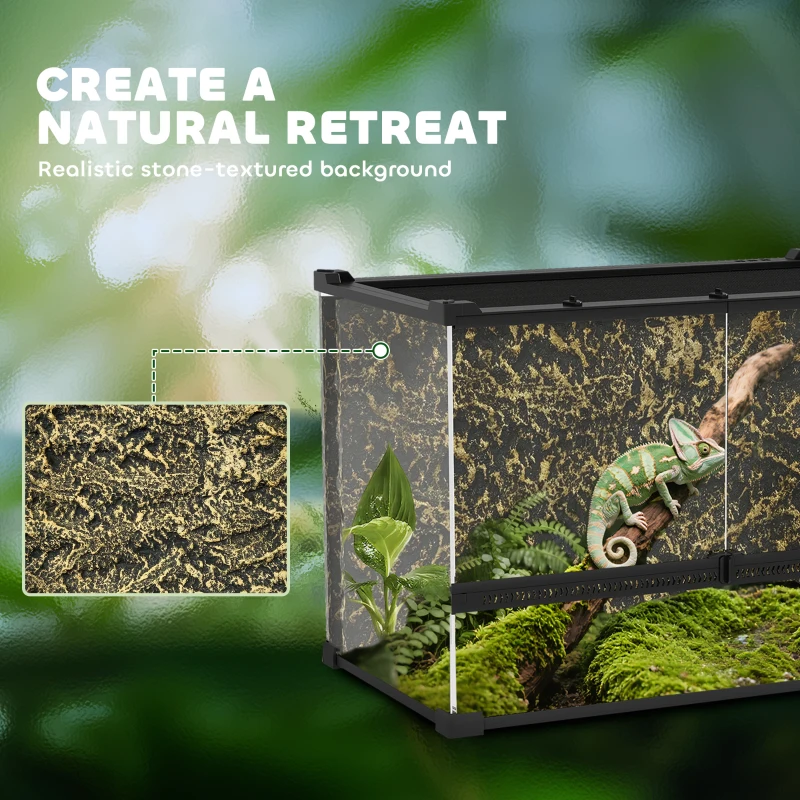 PawHut Terrarium für Reptilien Glasterrarium 48L mit Frontbelüftung Steinrückwand Drehverschluss 50 x 30 x 35 cm Schwarz