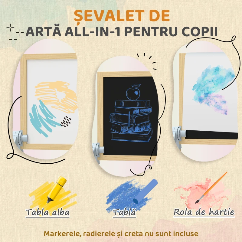 AIYAPLAY Șevalet pentru copii cu tablă dublă pentru cretă și markere, tablă magnetică și tăviță pentru accesorii, rolă de hârtie inclusă, lemn natur