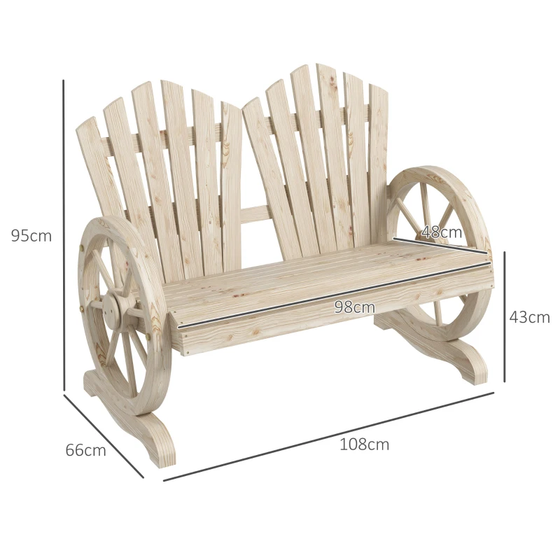 Outsunny Bancă de Grădină pentru 2 Persoane cu Mânere în Formă de Roată, Bancă de Exterior din Lemn de Brad, pentru Terasă și Curte, 108x66x95 cm, Finisaj Lemn Natural
