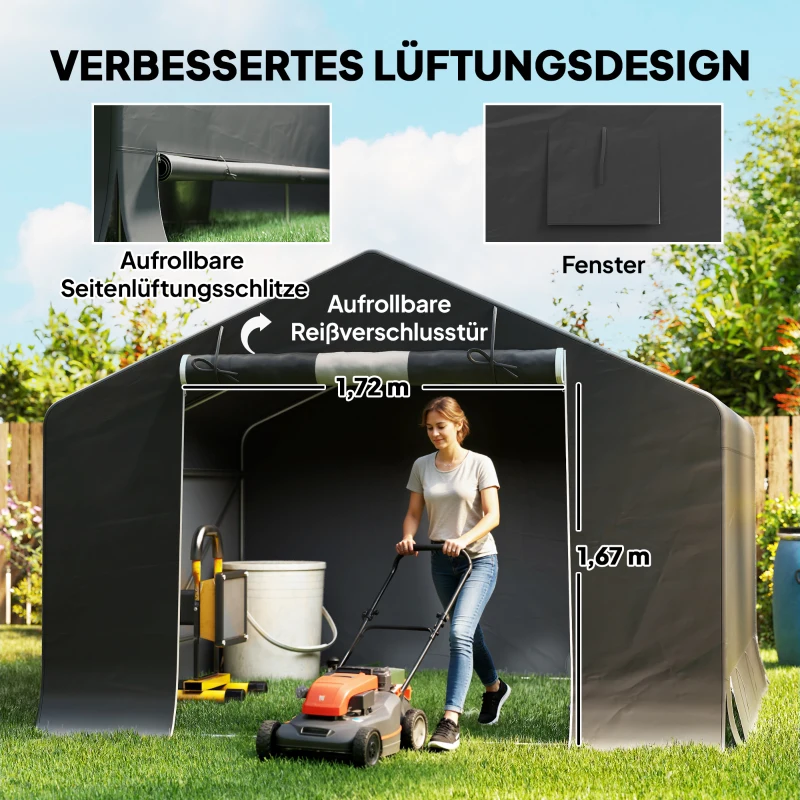 Outsunny Draagbare tuinschuur, fietstent, oproldeur met rits, metalen frame, veelzijdige opberging, Dunkelgrau