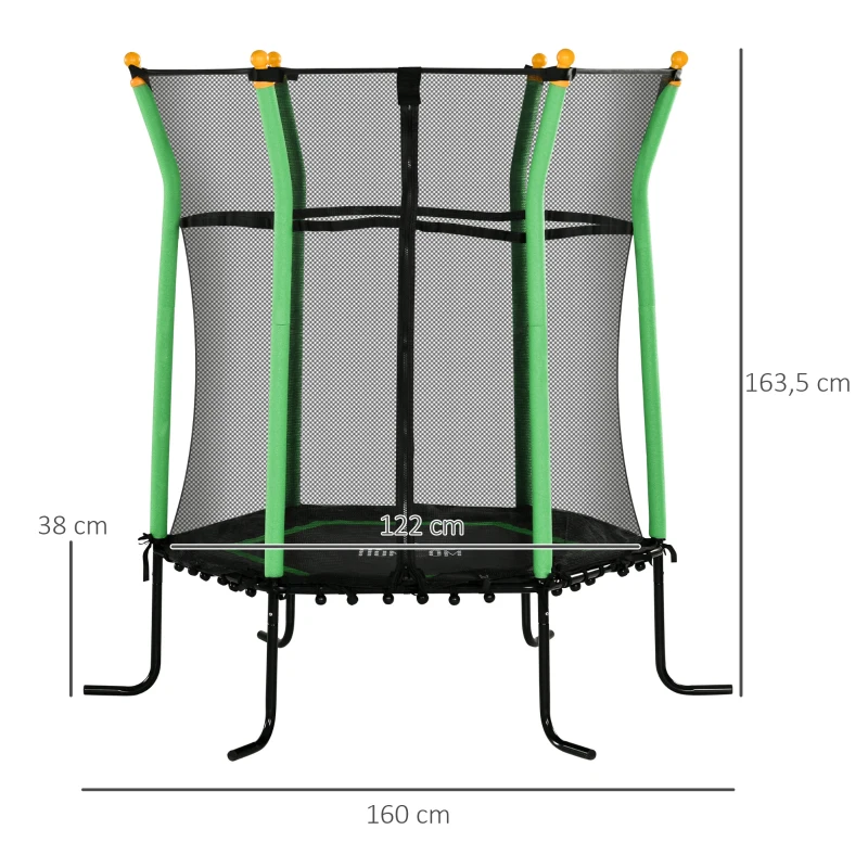 HOMCOM Kindertrampolin, mit Sicherheitsnetz, Randabdeckung, Stahlrahmen, bis 50 kg, 3-10 Jahre, grün, Ø163,5 x 163 cm