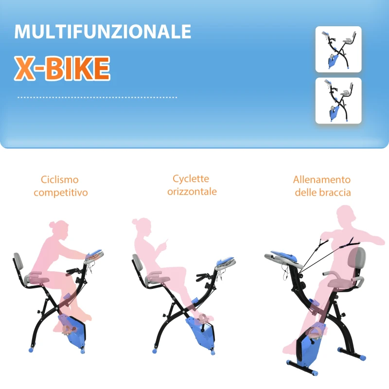 HOMCOM Cyclette Pieghevole con Resistenza Magnetica 8 Livelli, Sensore di Frequenza Cardiaca, Volano 2.5kg, Azzurro