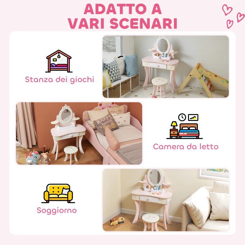 AIYAPLAY Set Toeletta con Specchio e Sgabello in Legno 2 in 1 per Bambini con 7 Accessori Inclusi, Rosa