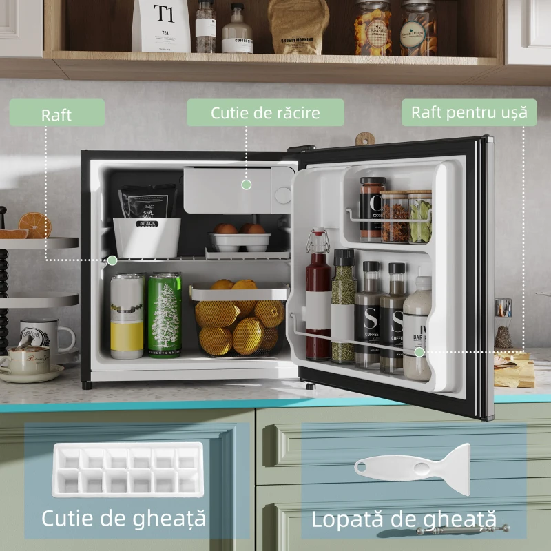HOMCOM Mini Frigider de Masă 46 Litri, Frigider Mic cu Compartiment pentru Gheață, Ușă Reversibilă, Temperatură Reglabilă și Picioare Reglabile pentru Dormitor, Birou, Culoare Argintiu