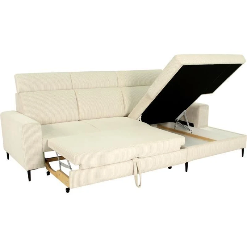 Canapé d'angle convertible - 4 places - NIZZA - Velours côtelé Beige - Coffre - 250 x 166 x 92/104 cm