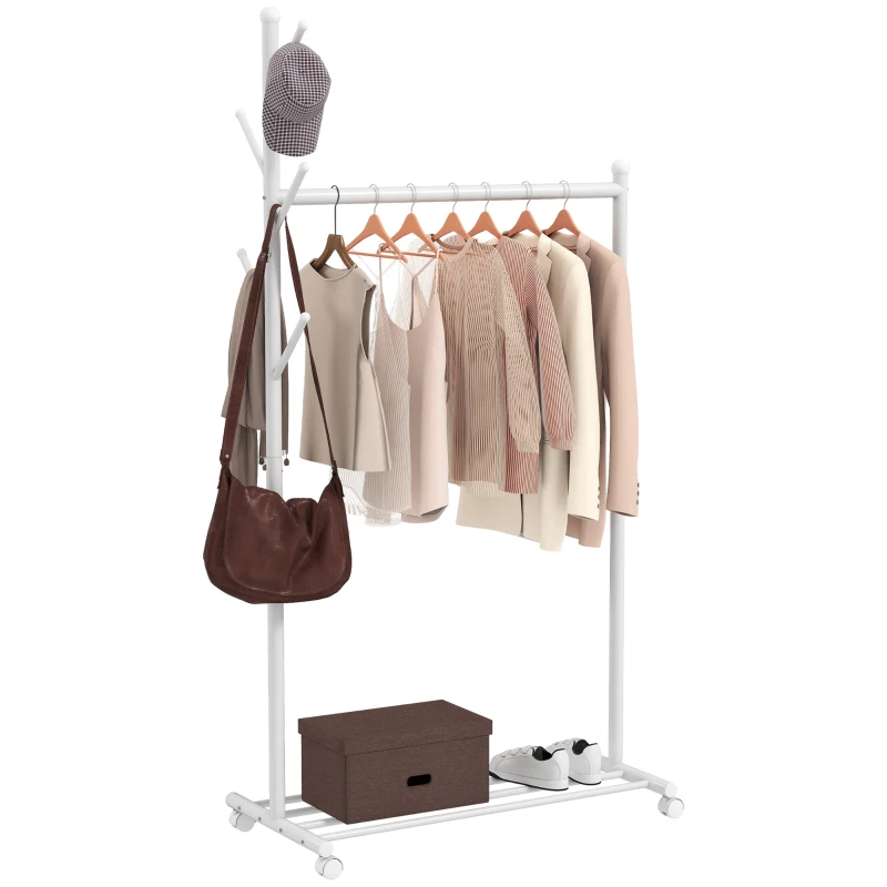 HOMCOM Burro para Ropa con Ruedas 5 Ganchos Barra para Colgar y Balda Inferior para Recibidor Entrada 86x43x171 cm Blanco