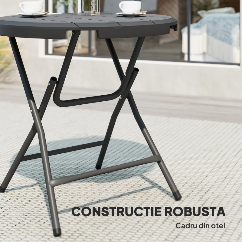 Outsunny Masă de Grădină, rotundă, pliabilă, pentru 4 persoane, efect lemn, oțel+plastic, gri închis, 80 x 80 x 73 cm