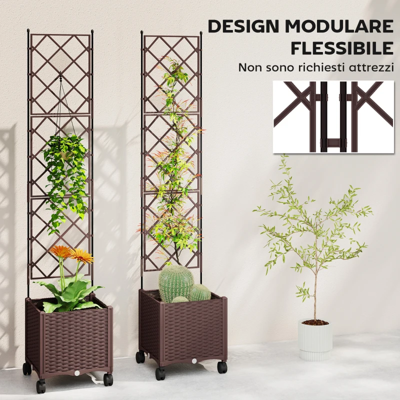 Outsunny Fioriera Rialzata con Traliccio 130L, Letto per Orto Rialzato da Esterno con Ruote Bloccabili, Sistema di Autoirrigazione, Fori di Drenaggio per Piante Rampicanti, Verdure, Fiori, Marrone