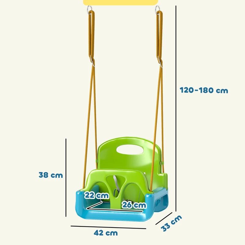Outsunny Kinderschaukel 3-in-1 für Innen & Außen, verstellbares Seil und Sicherheitsgurt, 9-36 Monate, Grün