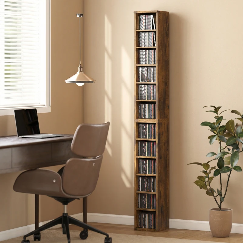 HOMCOM Set of 2 CD Media Display Shelf Unit Tower Rack with Adjustable Shelves, Rustic Brown