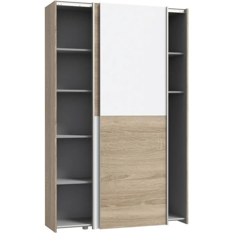 Armoire 2 portes coulissantes multifonction - Blanc et chene clair - L120 x P41,6 x H190,5 cm - OZZULA
