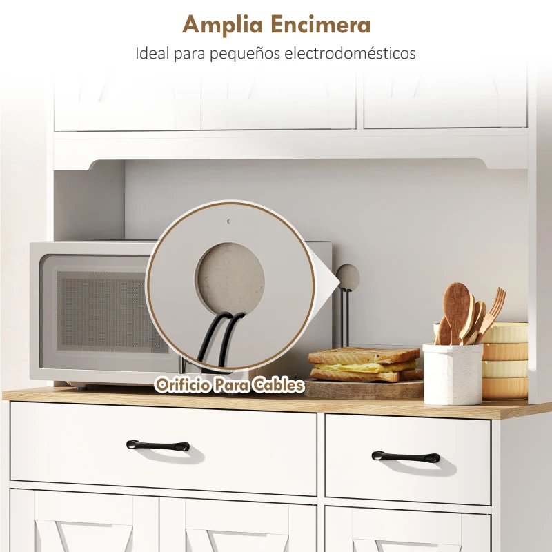 HOMCOM Alacena de Cocina con 6 Puertas Encimera para Microondas 2 Cajones Estantes Ajustables Orificio para Cable Blanco