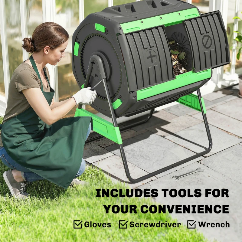 Outsunny Bac à compost, composteur à double chambre 200 L avec fentes d'aération réglables, sans BPA, Vert